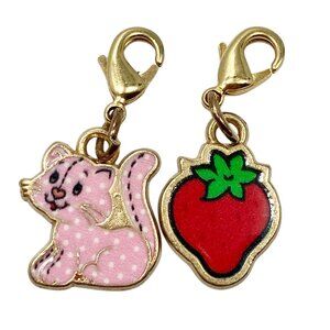 Vintage Strawberry Shortcake Custard Kitty Cat Clip On Charm Set Zipper Pull Bag